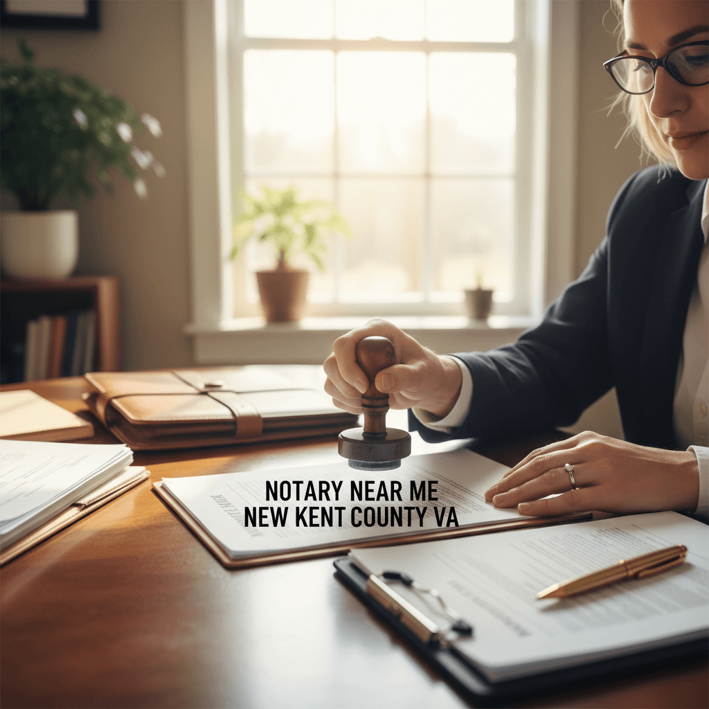 Mobile notary desk with document stamped 'Notary Near Me New Kent County VA,' professional setting.